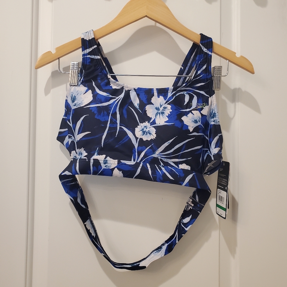 Speedo Womens Open Back Swim Top Blue Floral